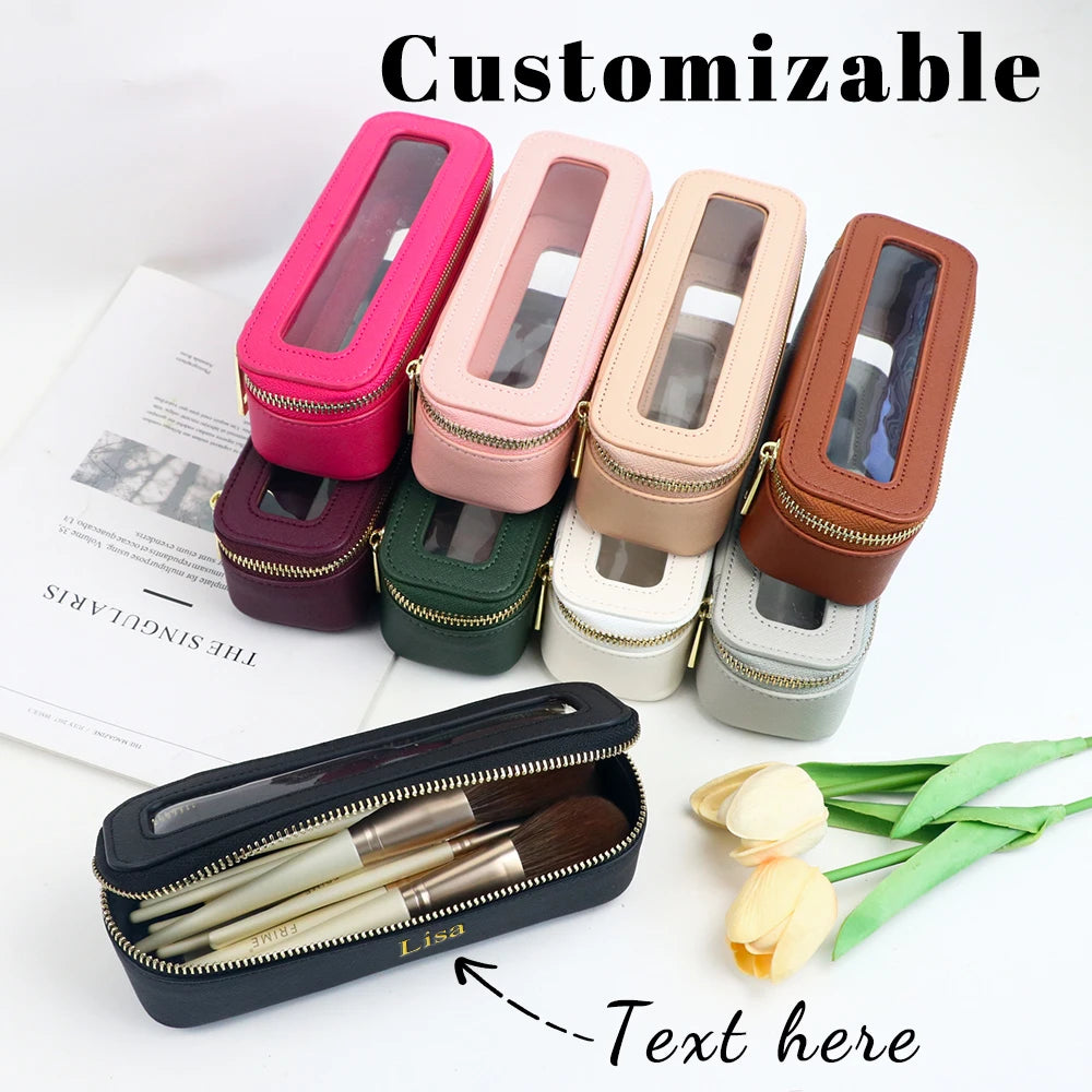 Customized Name PU Leather Women's Transparent Makeup Brush Box, PVC Makeup Bag Women's Toiletries Accessories