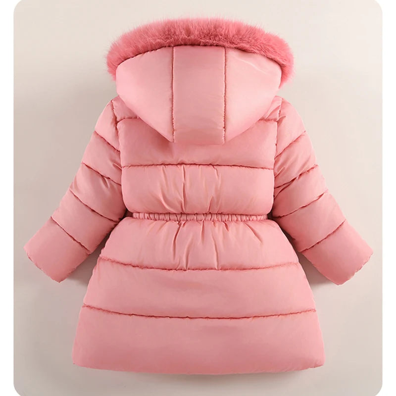 2025 Winter New Girls Jacket Long Solid Color Lining Berber Fleece Thick Warm Hooded Parka For 4-10Y Girls Bow Fashion Snowsuit