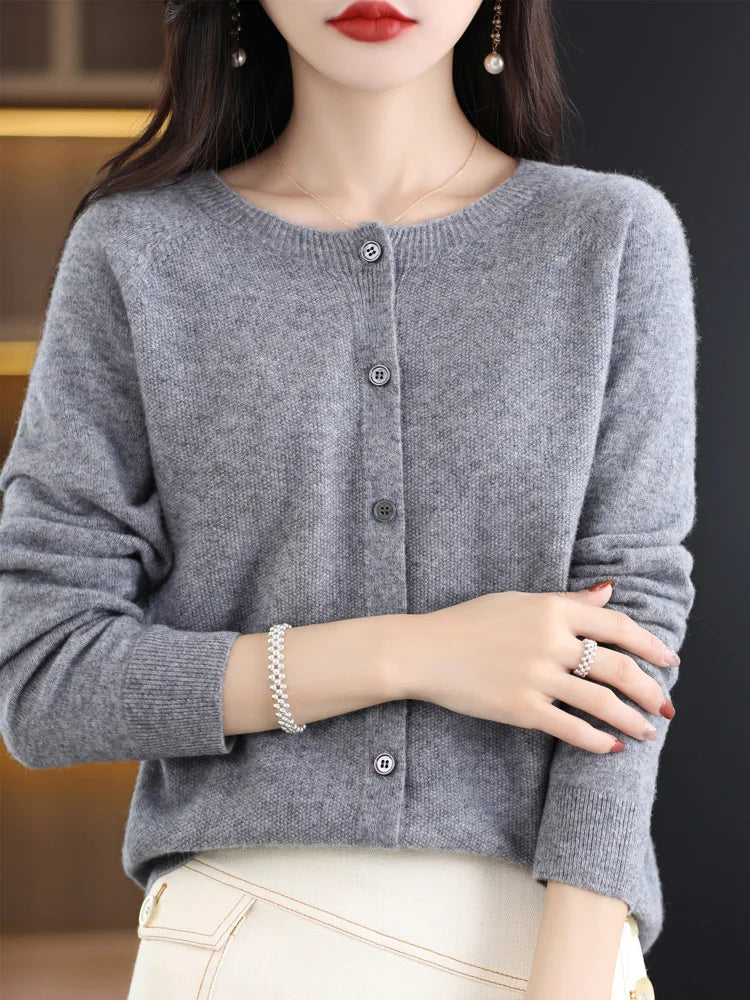 Women Cashmere Sweater 100% Merino Wool Knitted Cardigan Autumn Winter  Knitwear O-Neck Female  Solid Color Casual Fashion Top
