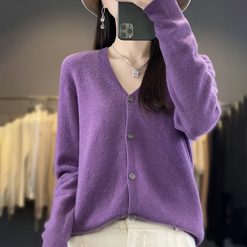 New Fashion Spring Autumn 100% Merino Wool Women's V-neck Cardigan Cashmere Sweater 2024 Female Knitwear Clothing Korean Tops
