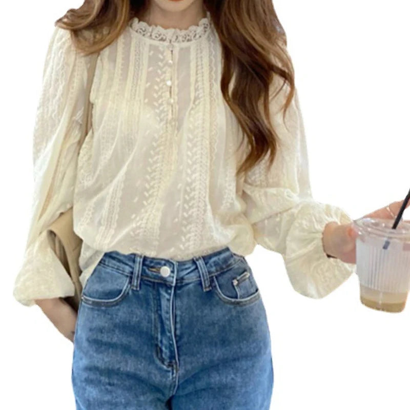 Elegant Lace Women Fashion Blouse New Spring Autumn Long Sleeve Casual Office Loose Shirt Ladies Stand Collar Simple Top Clothes
