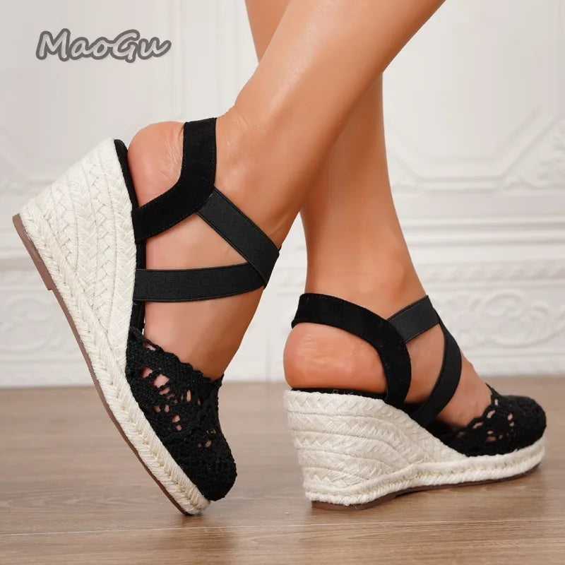 Women's Espadrilles Summer Lace Wedge Sandals Cover Toe Elastic Ankle Strap Shoes Ladies Platform Espadrille Comfortable Shoes