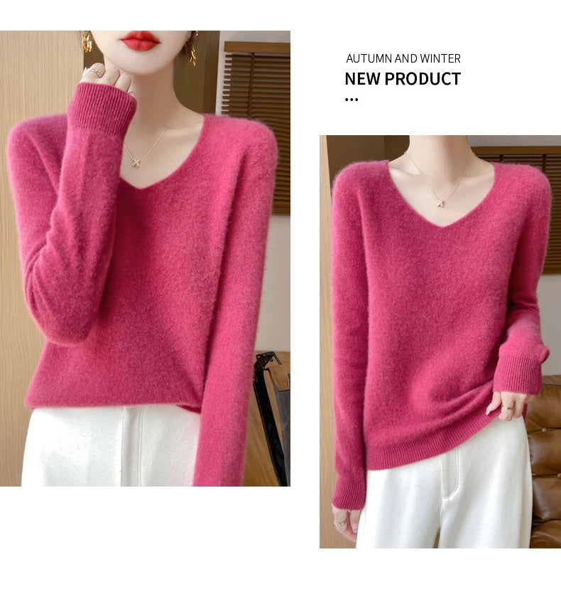 Fashion Pullover 100% Merino Wool Women Sweater V-Neck Long Sleeve Basic Jumper Spring Autumn Winter Clothing Knitwear Tops