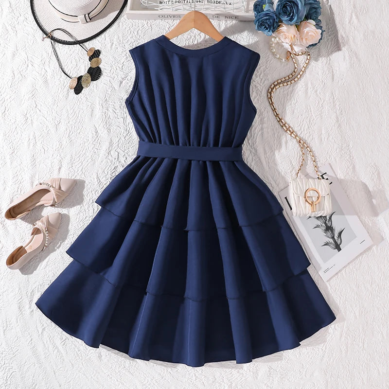 Girls 8-12 Fashion Dress, Solid Color Stand Collar Button A-Line Tiered Dress, Chic and Stylish for Daily Outings