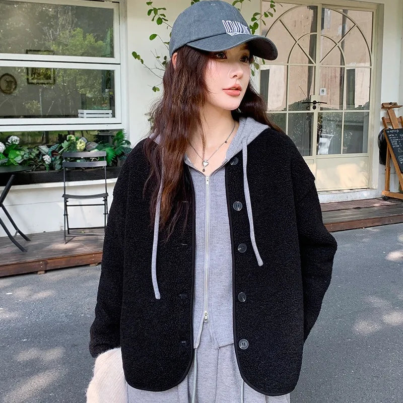 Round Neck Imitation Cashmere Jacket for Women Autumn Winter New Polar Fleece Casual Cardigan Long-sleeved Loose Top