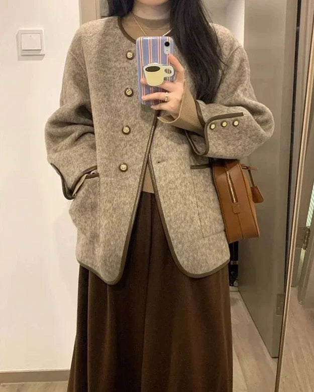 Wool Blend Coat for Women Short Plain Half Long Sleeve Elegant Mixtures Jacket Woman Fashion 2025 Winter Clothes Single Cheap