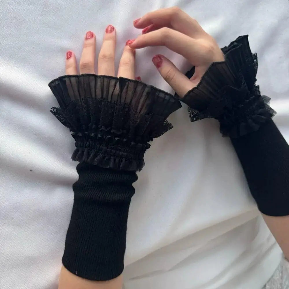 Women Sweater Fake Sleeves Hollow Out Crochet Floral Lace Horn Cuffs Embroidery Ruffles Elastic Wrist Warmers Lolita False Cuffs