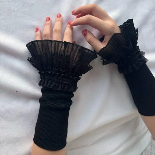 Women Sweater Fake Sleeves Hollow Out Crochet Floral Lace Horn Cuffs Embroidery Ruffles Elastic Wrist Warmers Lolita False Cuffs