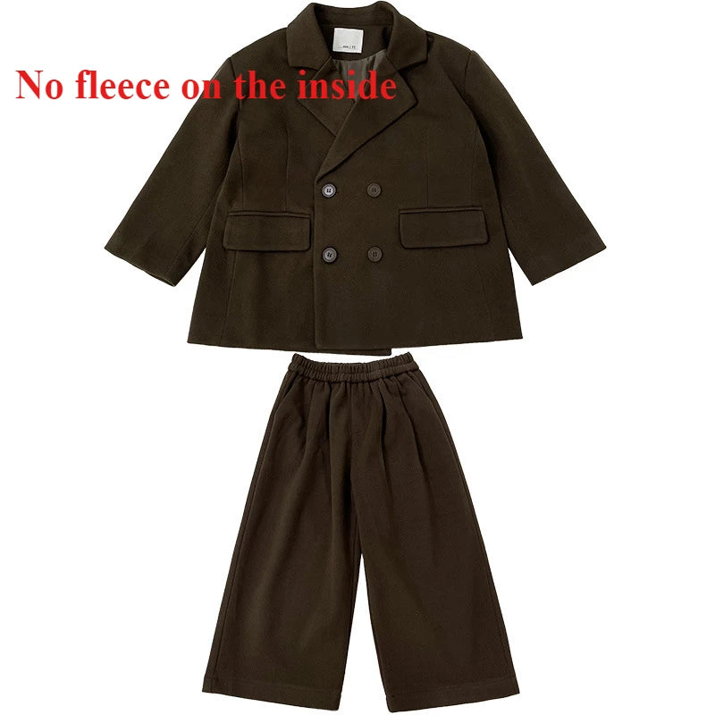 Boys Woolen Suit Set Autumn Winter Thicken Warm Casual Blazers Trousers Two-piece Children White Wedding Outfits 2 To 12 Years