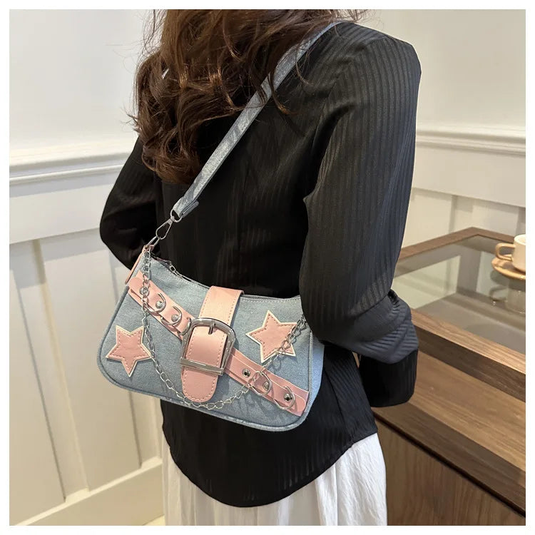 Y2k Hot Girls Denim Shoulder Bags Retro Rivet Star Women's Underarm Bag Portable Female Chain Armpit Bag Small Purse Handbags