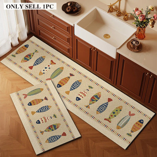 Kitchen Rug Waterproof PVC Leather Floor Mat Colorful Fish Pattern Long Carpet Oil-proof Non-slip Home Decoration Rugs Alfombra