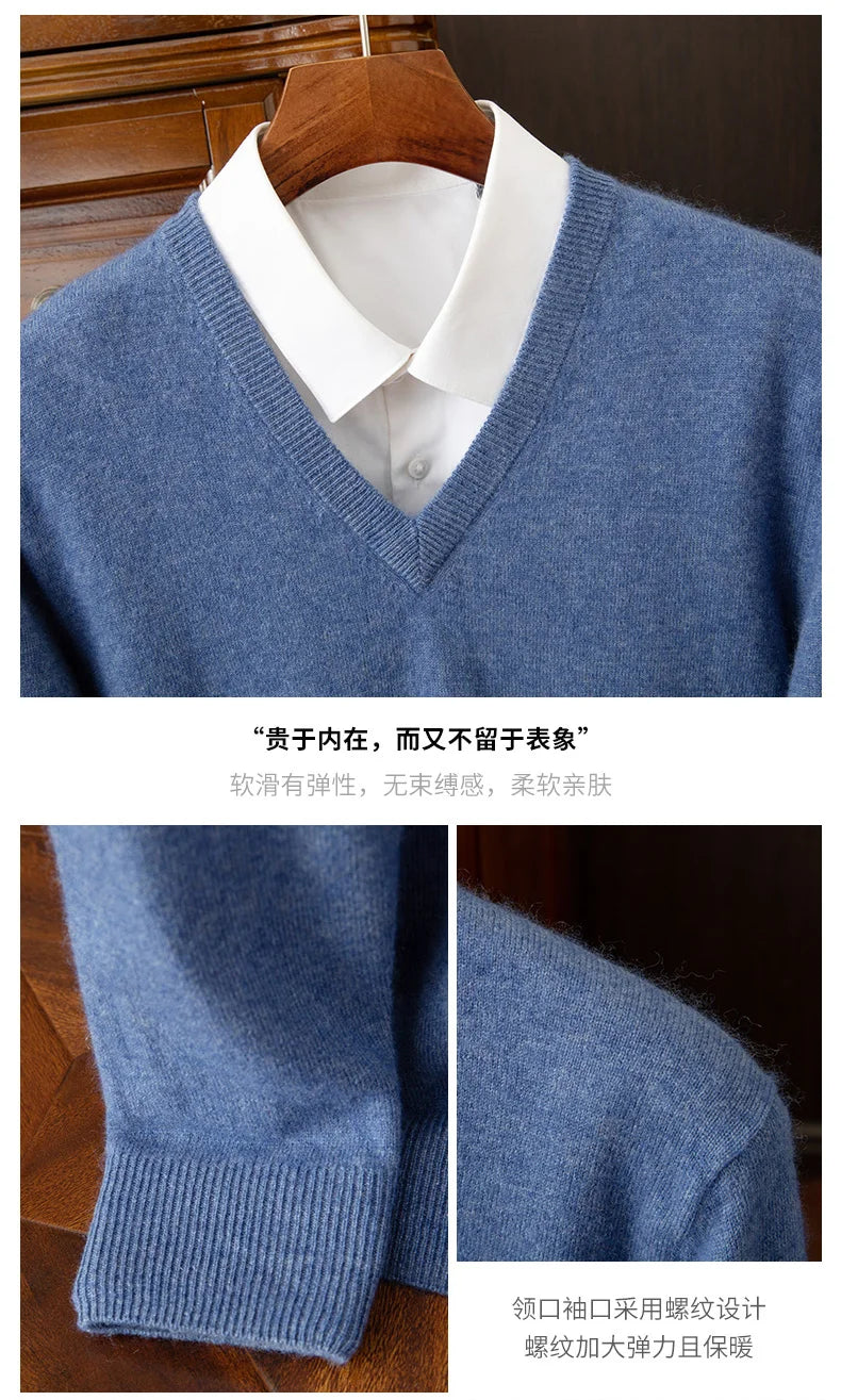100% Cashmere Men's Pullover Casual Solid Color Knitted Sweater Loose Pull V-Neck Tops Basic Versatile Jumper