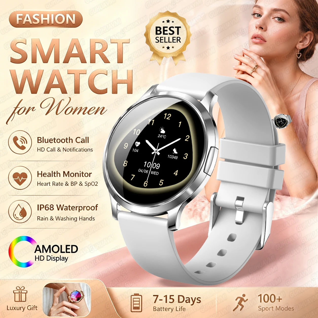 2026New Smart Watch 1.32”AMOLED Ultra-thin Display 100+Sports modes Blood Pressure Waterproof Bluetooth call Bracelet Women Gift