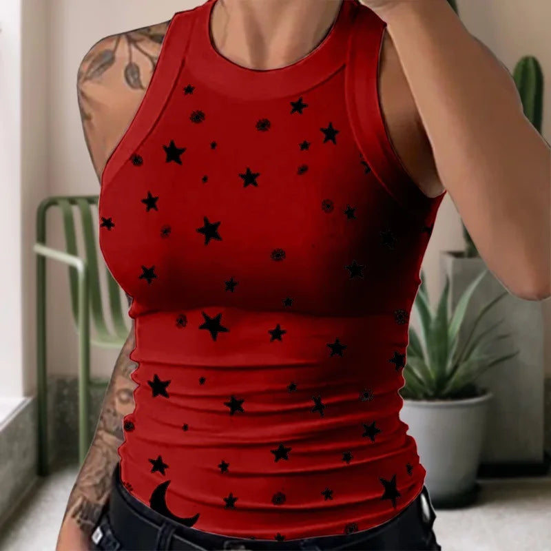 Women's Clothing Tops Tanks Camis Digital Printed Round Neck I-Shaped Vest Sexy Summer Striped Sleeveless Vest for Women Vests