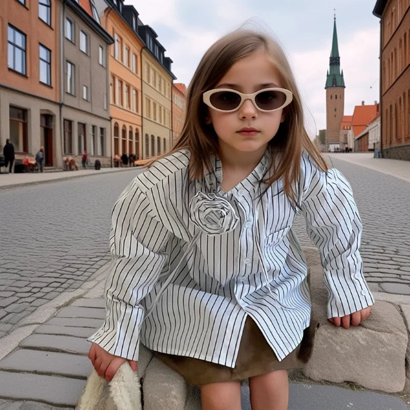 Girls Shirt Spring Autumn Long Sleeve Casual Daily Blouse for Kids Fashion Design Striped Flower Teen School Child Tops Clothes