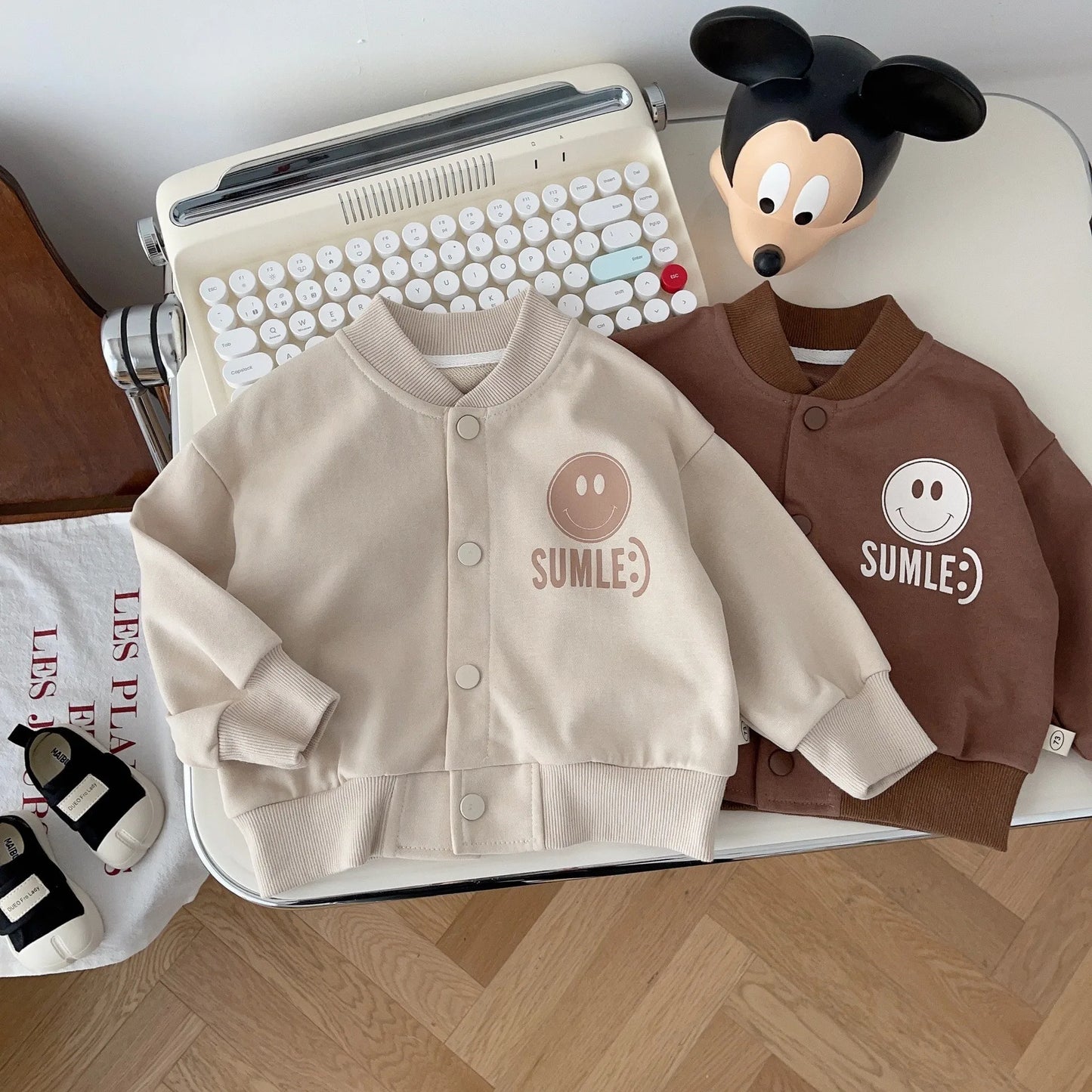 Autumn New Kids Baby Boys Single-breasted Smile Face Print Top Coat Cool Baseball-inspired Uniform Fashionable Toddler 0-5Y