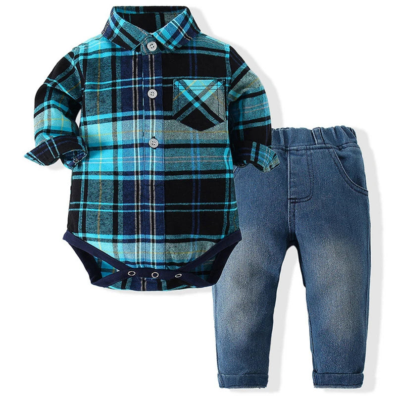 Conjuntos de 2 piezas para primavera y otoño, ropa para bebés, peleles a cuadros de manga larga para recién nacidos y pantalones vaqueros, monos para niños pequeños BC1328