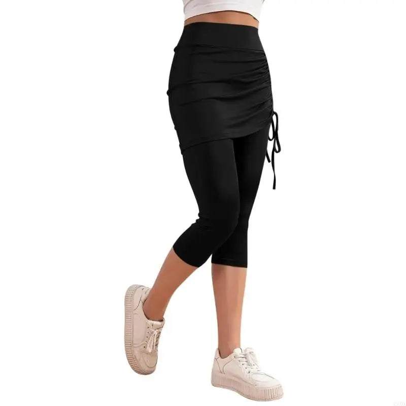 Womens Leggings Tummy High Skirted Leggings Drawstring Side Ruched Fit Workout Bottom 6XDA