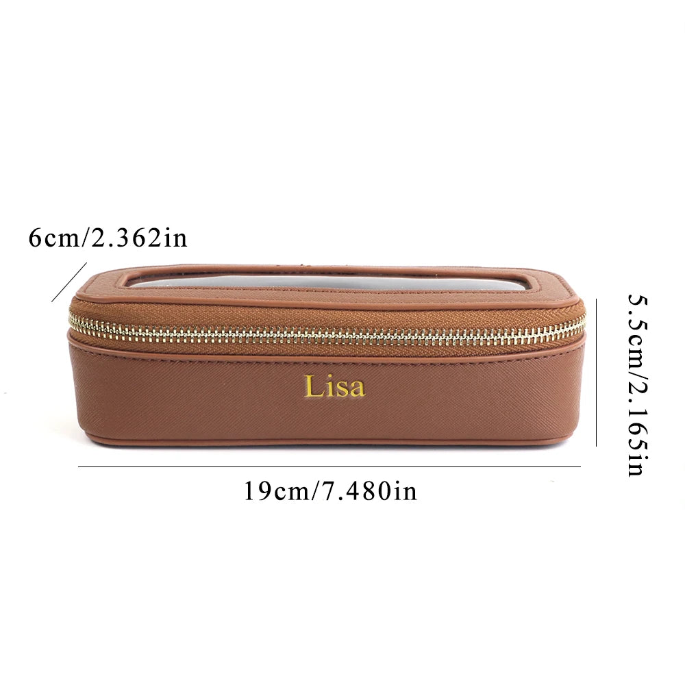 Customized Name PU Leather Women's Transparent Makeup Brush Box, PVC Makeup Bag Women's Toiletries Accessories