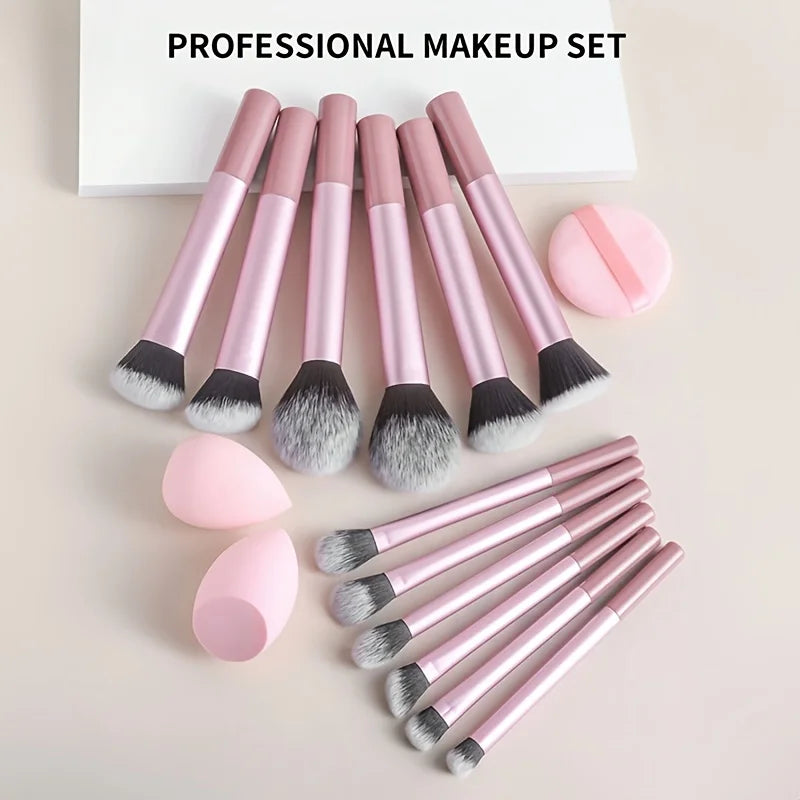 15pcs Makeup Brush Set, Including 12pcs Multi-Functional Ultra-Soft Makeup Brushes And 1pc Angled Tear Drop-Shaped Beauty Sponge