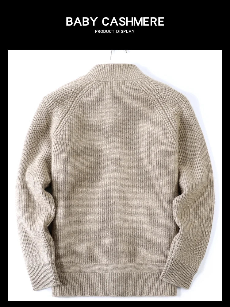 100% Pure Cashmere Sweater for Men's Cardigan Half Turtleneck Knitted Jacket for Winter High-End Business Thickened Sweater