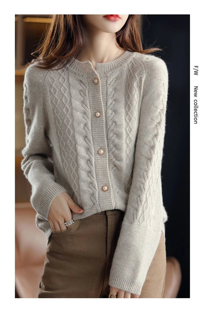 Cashmere Sweater Cardigan Women Single Breasted Long Sleeve Elegant Vintage Jumper Solid Wool Knitted Autumn Winter Outwear