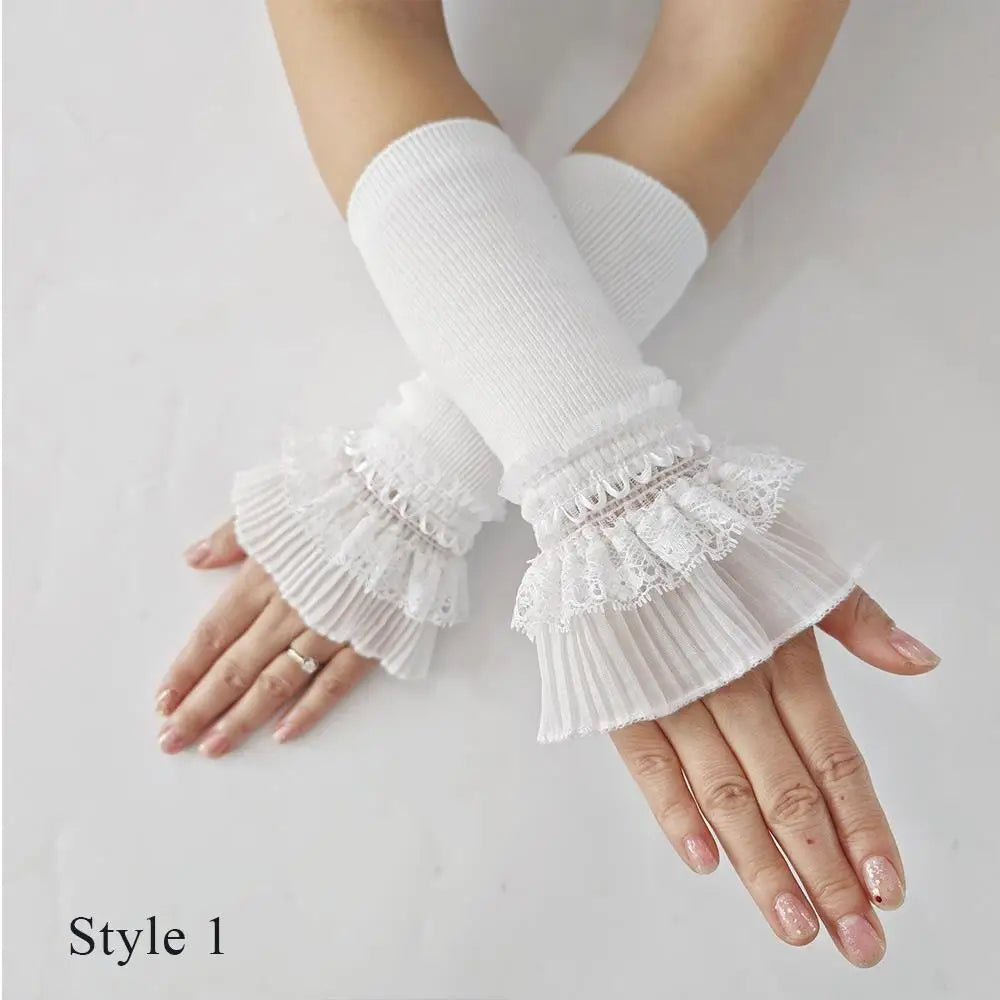 Women Sweater Fake Sleeves Hollow Out Crochet Floral Lace Horn Cuffs Embroidery Ruffles Elastic Wrist Warmers Lolita False Cuffs