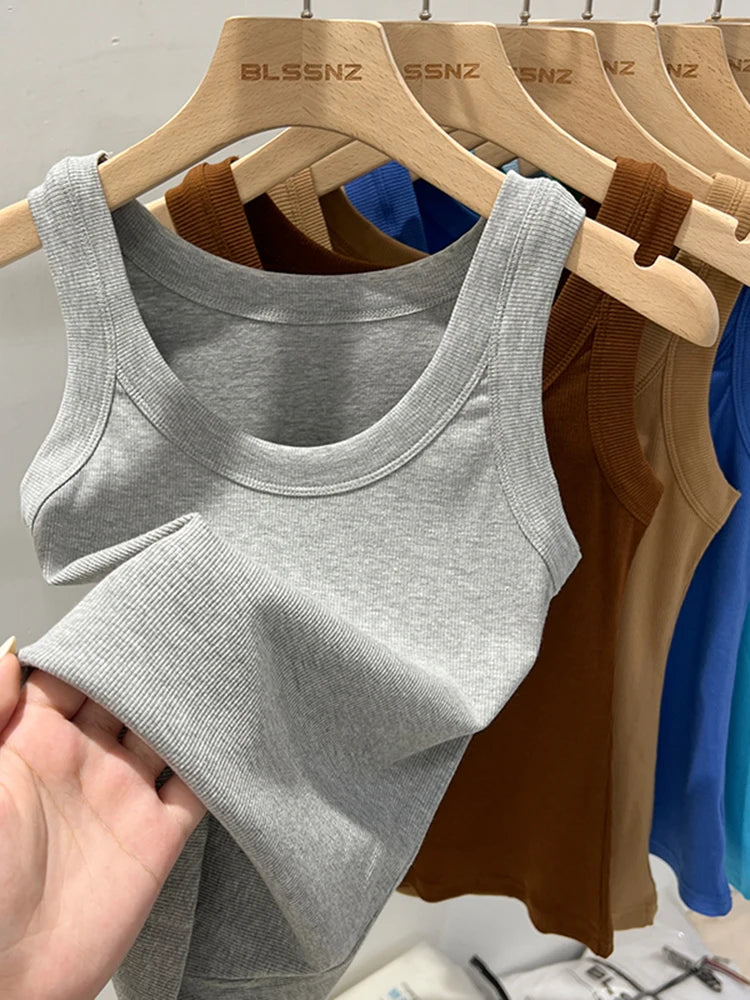 Women Solid Round Neck Ribbed Tank Top Camisole Women 2026 Summer Basic Elastic Tank Top O Neck Solid Tank Top