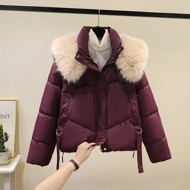 Winter Cotton Jacket for Women 2025 New Style Big Fur Collar Short Cotton Jacket
