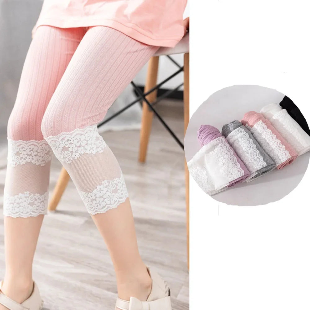 2024 Summer Girls Lace Leggings Kids Pants 2 To 10 Yrs Children's Clothing Pencil Pant Solid Color Trousers Korean Style