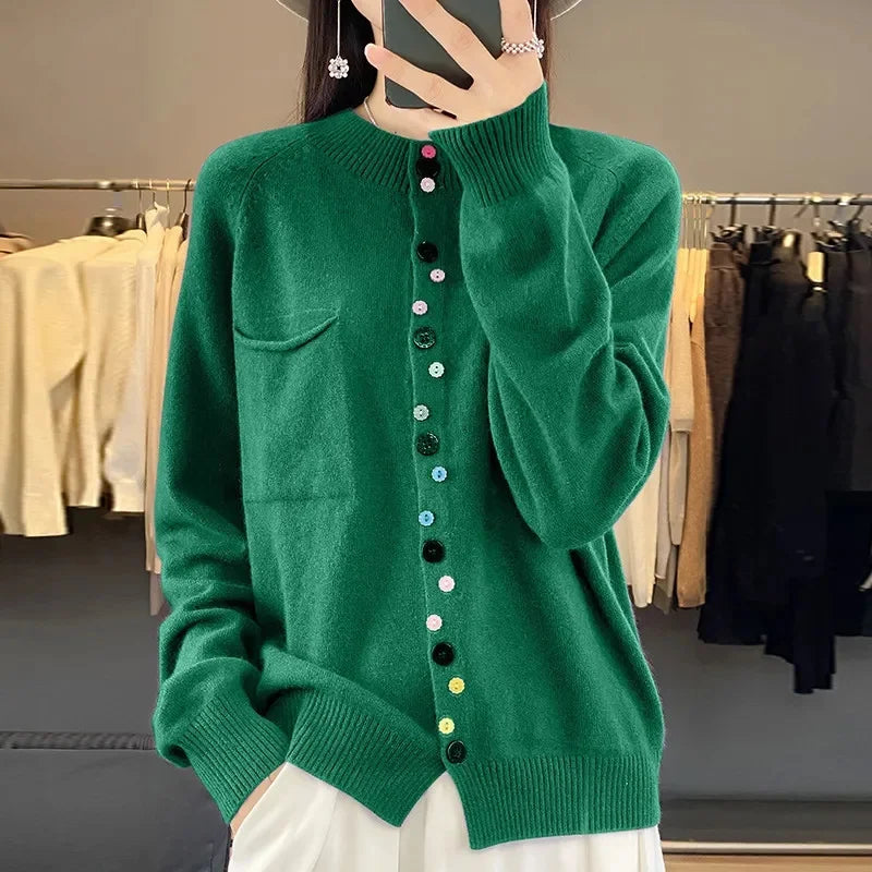 Cashmere Sweater Cardigan Women Single Breasted Long Sleeve Elegant Vintage Jumper Solid Wool Knitted Autumn Winter Outwear 2024