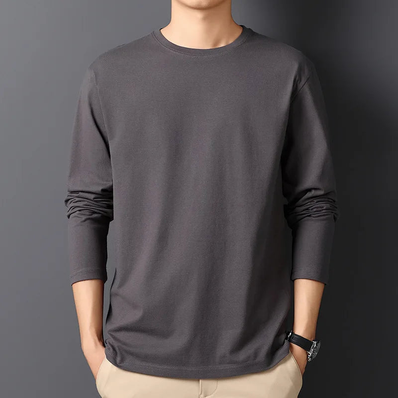 Spring Autumn 100% Cotton T-Shirts Men Solid Round Neck Long Sleeve Casual Tshirt Male Comfortable Breathable Korean Slim Tees