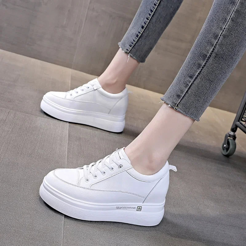 7cm Women Shoes Genuine Leather White Air Mesh Sneakers Chunky Shoes Platform Wedge Spring Autumn Breathable Summer Shoes 40