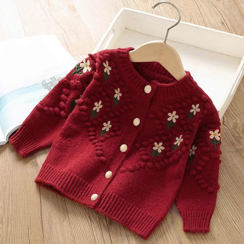 Ropa de otoño para niña, suéteres con flores dulces para niño, cárdigan de punto bordado, ropa de abrigo cálida para niño, ropa coreana para niña bebé