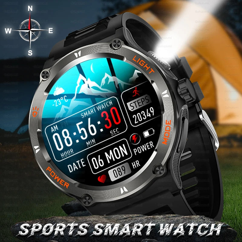 High End Military Smart Watch Men 2024 3ATM Waterproof LED Flashlight Original Design Sports Watches With Compass 500mAh Battery