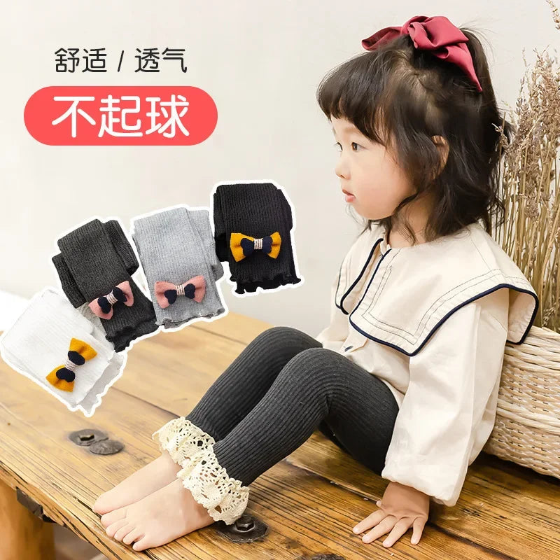 Baby Girl Leggings Ribbed Pants Kid Girls Cotton Soft Elastic Trousers Bow Lace Legging Toddler Casual Knit Leggins