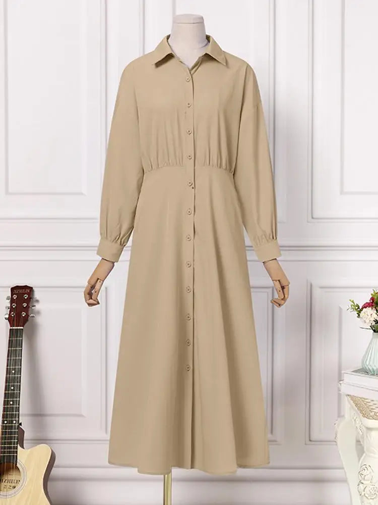 Fashion Female A Line Robe ZANZEA Solid Lapel Vestidos Women Casual Long Sleeve Dresses Elegant Maxi Shirt Dress Oversized