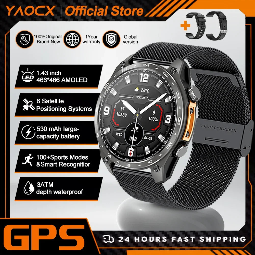 2026 New Smart Watch for Men with Built in GPS Maps 100+ Sport Modes 3ATM Waterproof BT Call MP3 MP4 Playback Altitude Compass