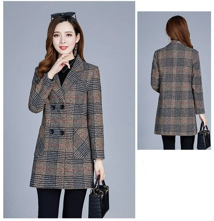 Mother's clothing Plaid Woolen Jacket 5xl Autumn Winter Female Thicken Slim Middle length Outwear Korea Women's Casual Wool Coat
