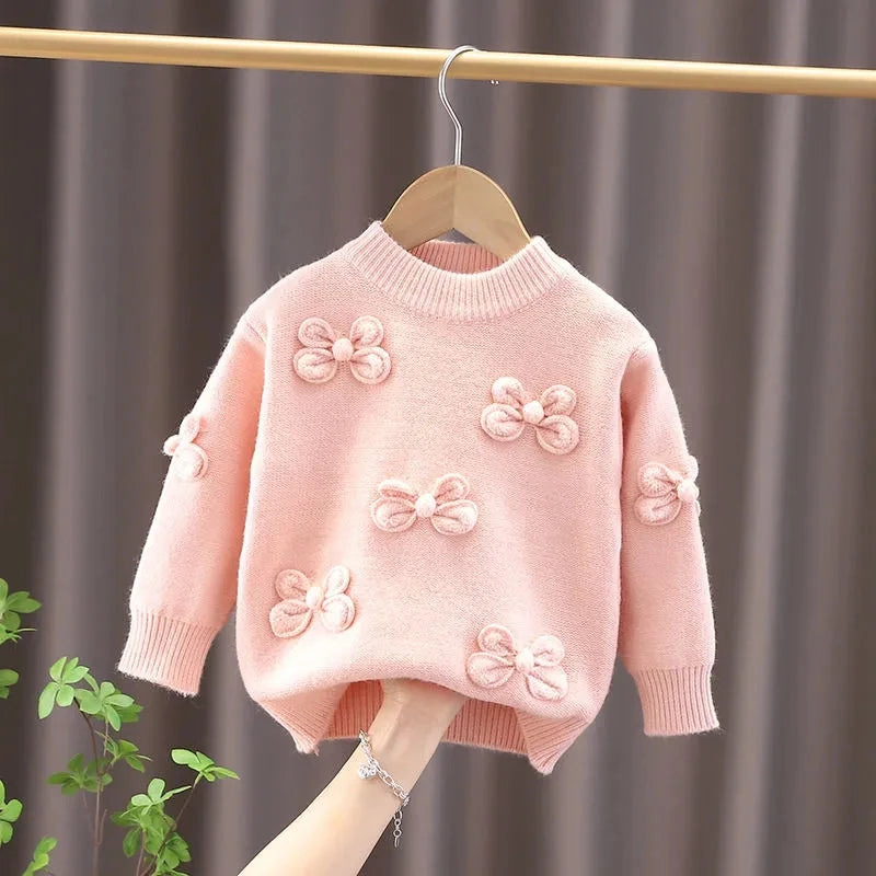 Suéter para niños, otoño e invierno, nuevo suéter de cuello redondo para niña, prendas de punto con lazo a la moda, prendas de vestir para bebé, Top