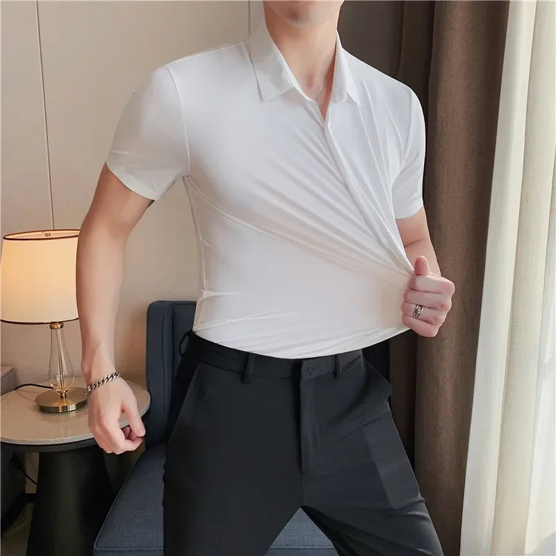 High Stretch Anti-Wrinkle Men Shirts Short Sleeves Dress Shirts High Quality Men Slim Fit Social Business Blouse Striped Shirt