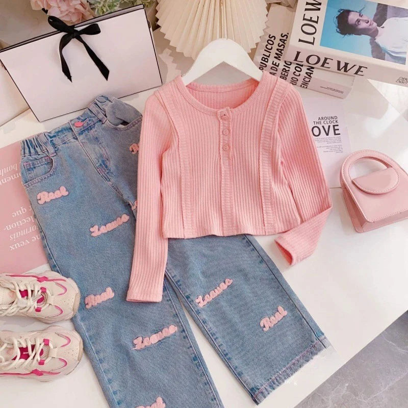 3-10Y Teen Girls Clothing Set Spring Autumn Solid Color Long Sleeve Top+Letter Print Wide Leg Jeans 2Pcs For Kids Fashion Outfit