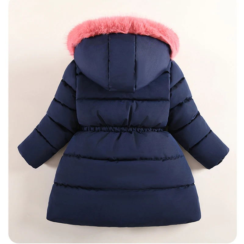 2025 Winter New Girls Jacket Long Solid Color Lining Berber Fleece Thick Warm Hooded Parka For 4-10Y Girls Bow Fashion Snowsuit