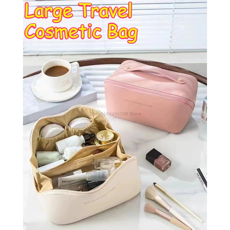 Large Travel  Cosmetic Bag Durable Makeup Bag Organizer High Capacity Makeup Bag Storage Pouch PU Leather Makeup Box for Girls