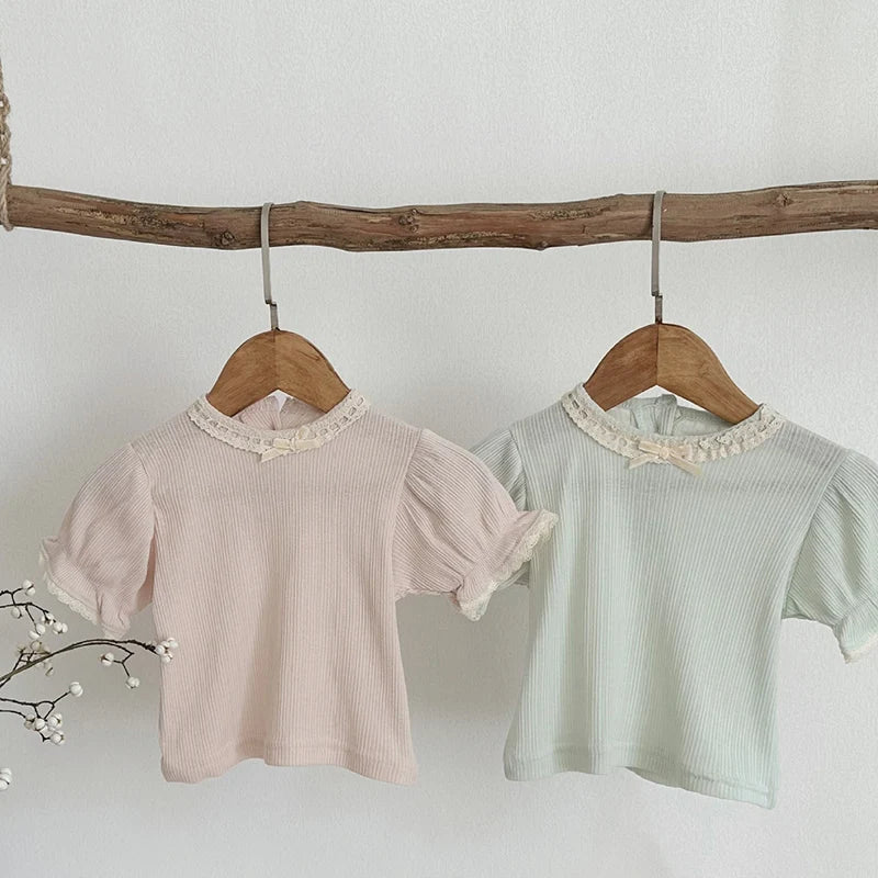 2024 New Summer 0-24M Children Clothes Newborn Baby Girl T-shirt Short Sleeved Cotton Lace Splicing Toddler Baby Girls Pullover