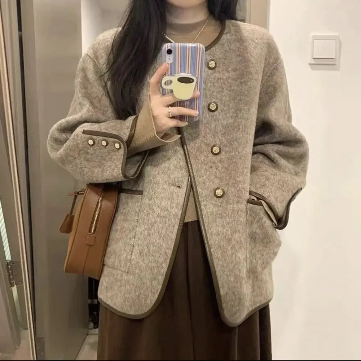 Wool Blend Coat for Women Short Plain Half Long Sleeve Elegant Mixtures Jacket Woman Fashion 2025 Winter Clothes Single Cheap
