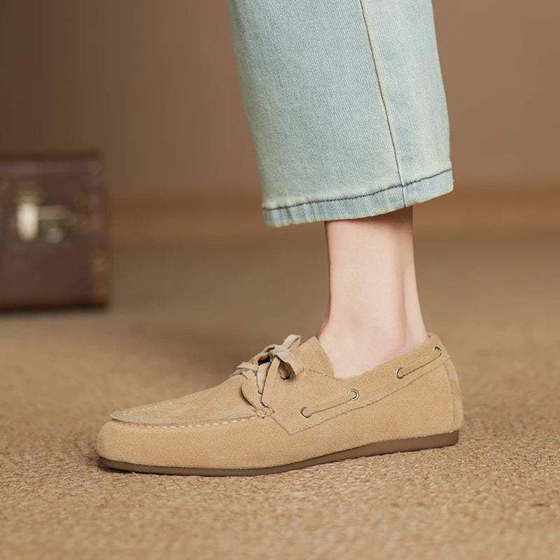 2026 New Spring Genuine Leather Women Shoes Round Toe Women Flats Shoes for Women Retro Lace Up Loafers Fashion Ladies Shoes