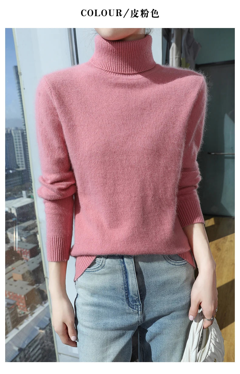 100% Mink Cashmere Top-Lapel Women Sweater Long-sleeves Fashion High-elasticity Sexy Winter Knitted Pullover Girl Tops 2024