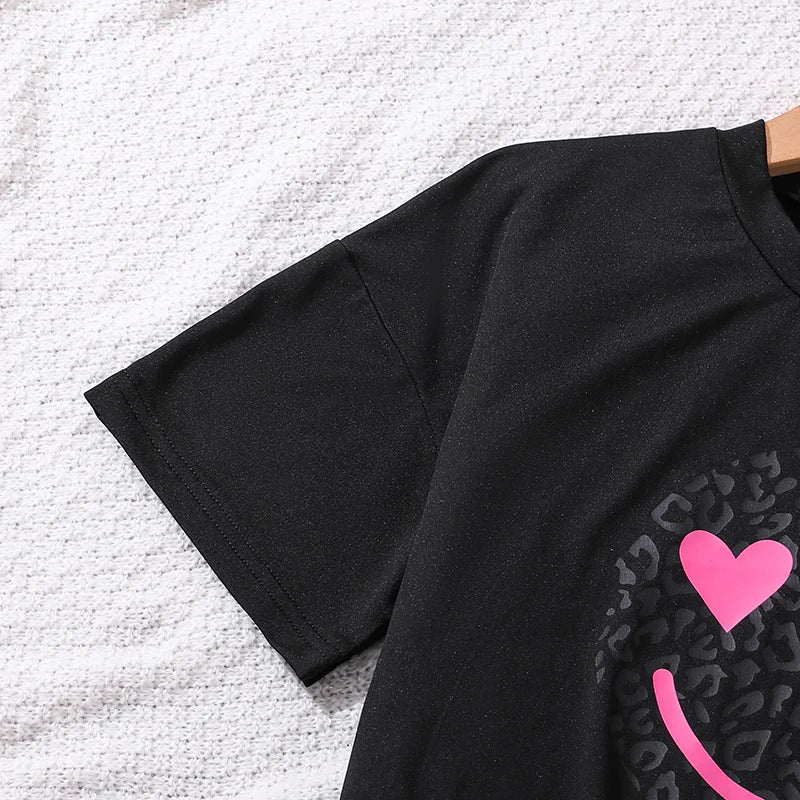 2024 New Children's Fashion Clothes Sets For Kids Girl Black Smiley T-shirt And Rose Red Pleated Skirt High Quality Korean Style
