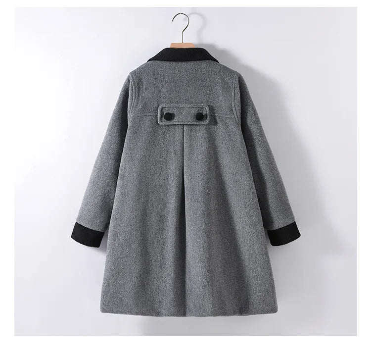 Teens Girls Winter Jacket Preppy Style Navy Mid-length Wool Coat for Kids Thick Warm Casual All-match School Children Outerwear